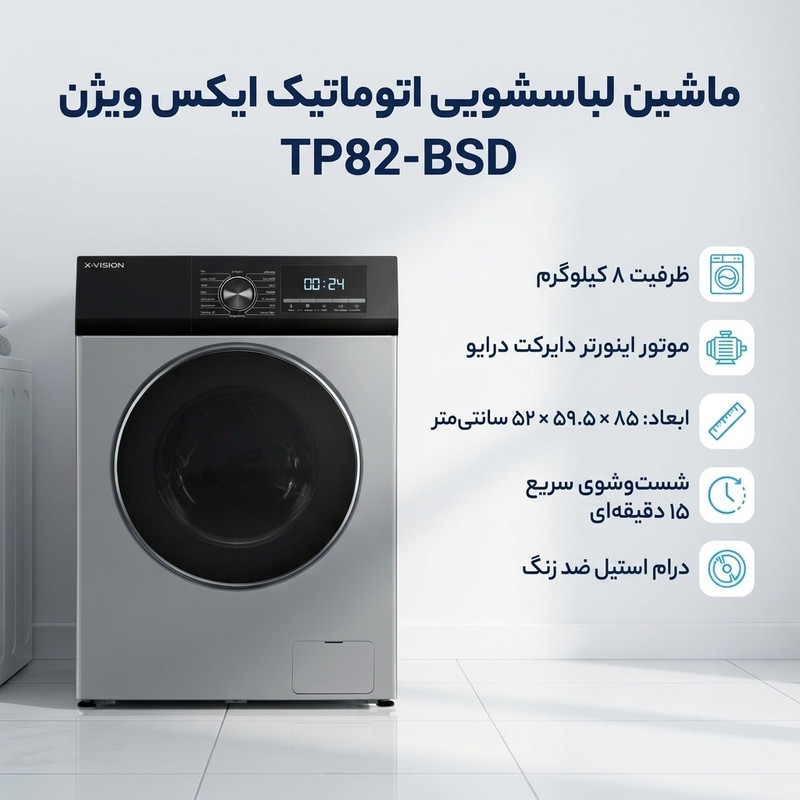 ماشین لباسشویی 8 کیلوگرم اتوماتیک ایکس ویژن مدل TP82-BSD — تصویر ۳