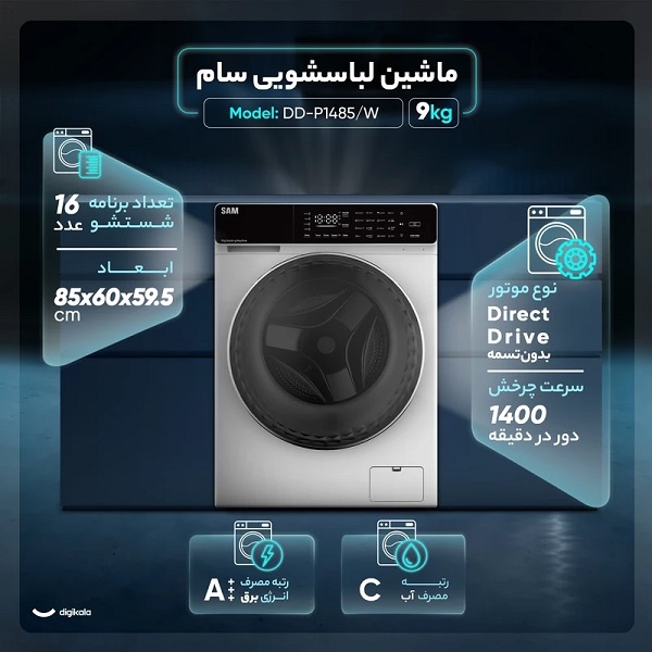 ماشین لباسشویی 9 کیلوگرم اتوماتیک سام مدل DD-P1485/W — تصویر ۶