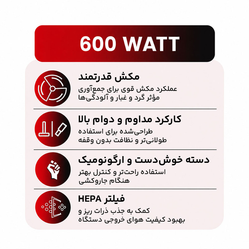 جاروبرقی مخزن‌دار 600 وات نوبل مدل NVC21 — تصویر ۴