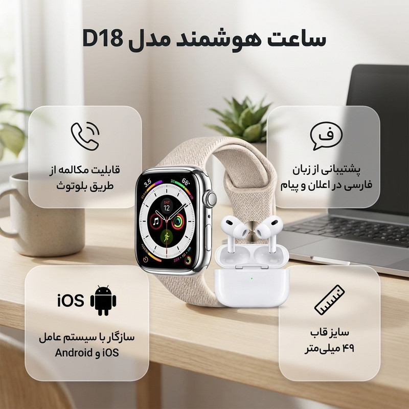 ساعت هوشمند ۴۹ میلی متری اکپو مدل D18 با بند سیلیکونی به همراه هدفون بلوتوثی — تصویر ۲