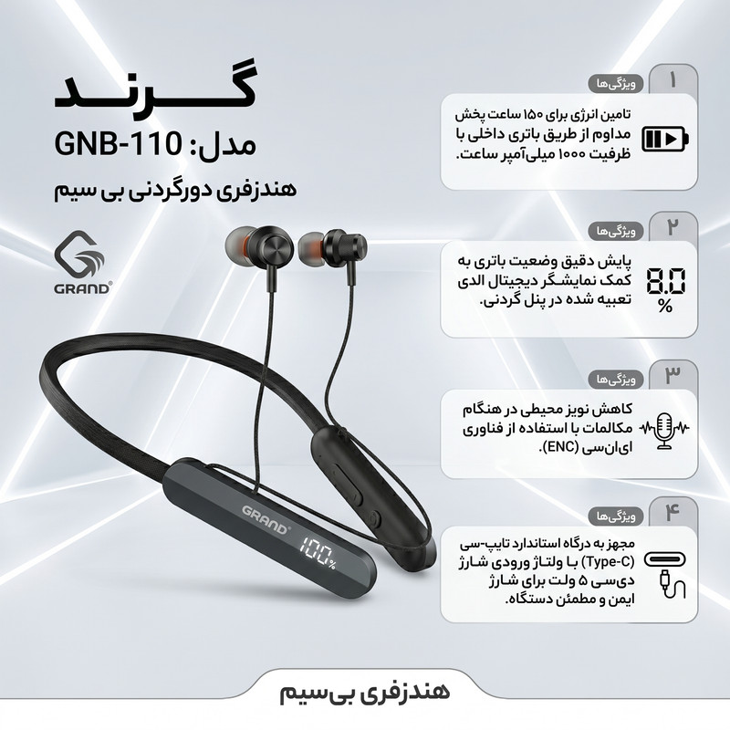 هدفون بلوتوثی گرند اسکای مدل GNB - 110 — تصویر ۴