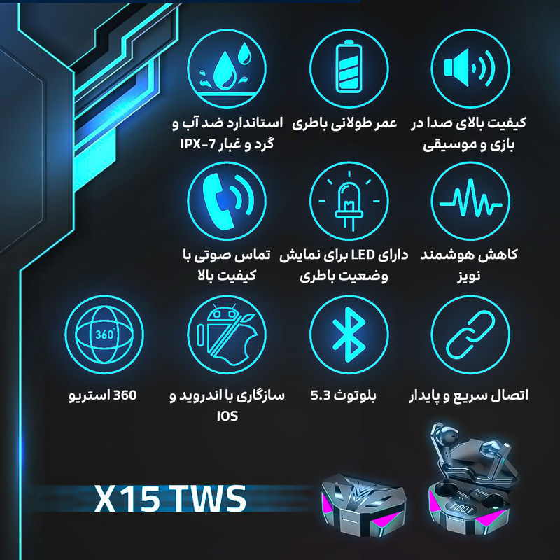 هدفون مخصوص بازی مدل TWS-X15 — تصویر ۴
