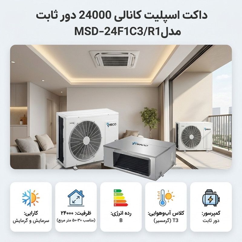 داکت اسپلیت کانالی 24000 دور ثابت مرکو مدل MSD-24F1C3/R1 — تصویر ۳