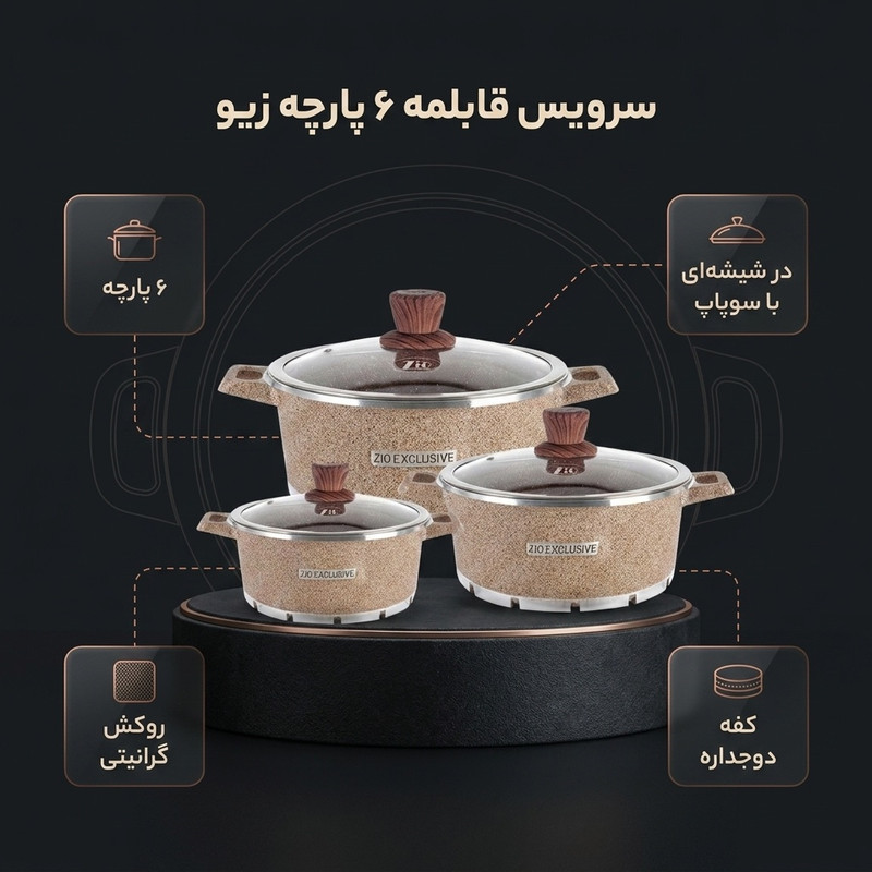سرویس قابلمه شش پارچه زیو مدل Z-8400-22 — تصویر ۲