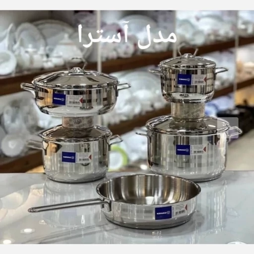 سرویس قابلمه استیل کرکماز 9 پارچه مدل آسترا،آلفا و درب پیرکس کف چدن کیفیت عالی ورق ضخیم جدید ترین مدل