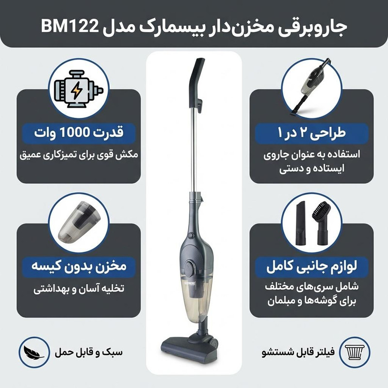 جاروبرقی مخزن‌دار 1000 وات بیسمارک مدل BM122 — تصویر ۲