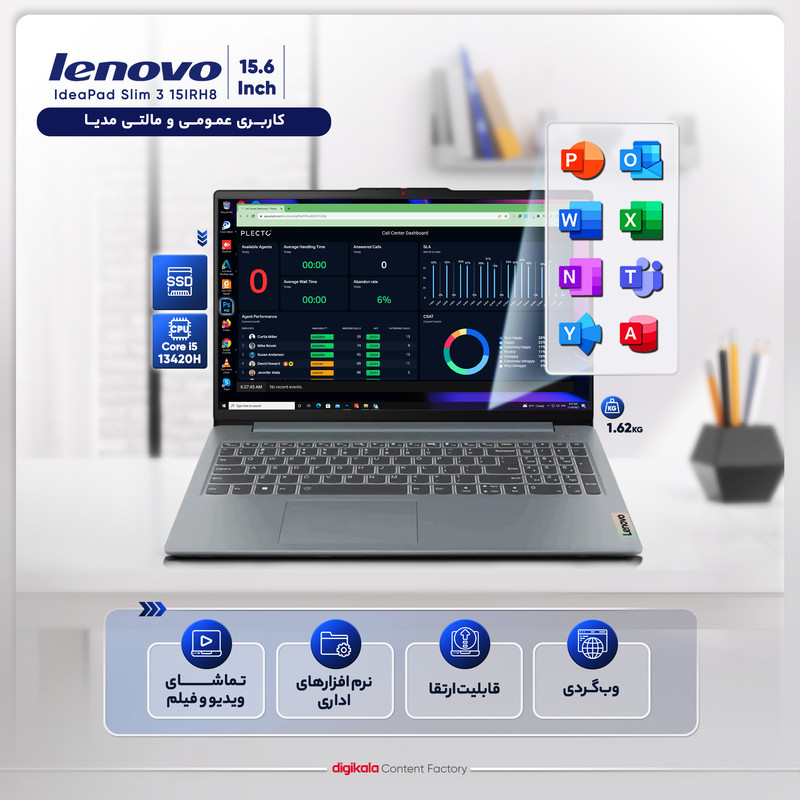 لپ تاپ 15.6 اینچی لنوو مدل IdeaPad Slim 3 15IRH8-i5 13420H-8GB LPDDR5-512GB SSD-IPS-W — تصویر ۲