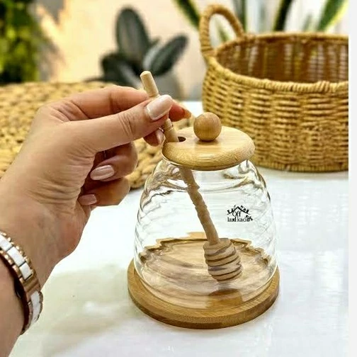 عسل خوری پیرکس طرح حلقه ای همراه با درب و زیر بامبو — تصویر ۲
