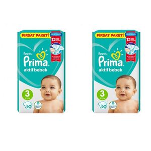 پوشک پریما مدل Aktif bebek سایز 3 بسته 62 عددی مجموعه 2 عددی