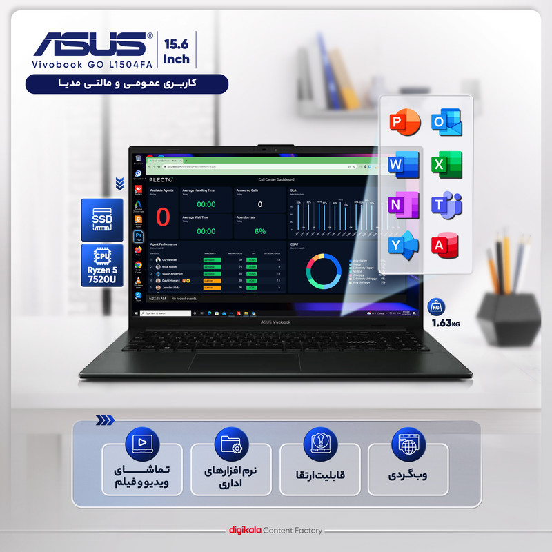 لپ تاپ 15.6 اینچی ایسوس مدل Vivobook GO L1504FA-NJ560-R5 7520U-8GB LPDDR5-512GB SSD-TN — تصویر ۲