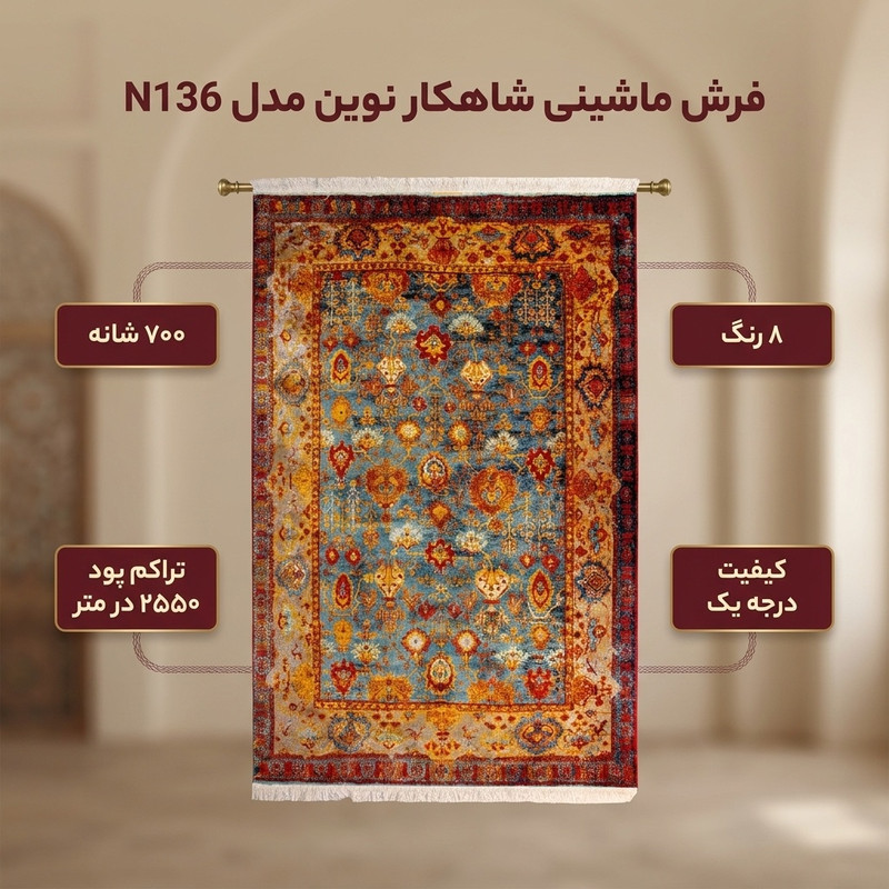 فرش ماشینی 700 شانه زمینه آبی حاشیه قرمز لاکی مدل شاهکار نوين کد N136 — تصویر ۲