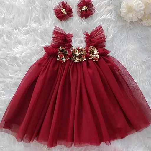 لباس مزونی کودک همراه با گل سر ست لباس . مناسب یک سال قد لباس 40.رنگ اناری — تصویر ۲