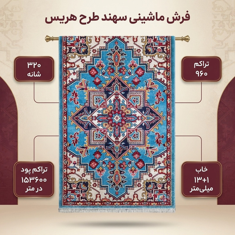 فرش ماشینی سهند کد B045.QJ طرح هریس زمینه فیروزه ای — تصویر ۲