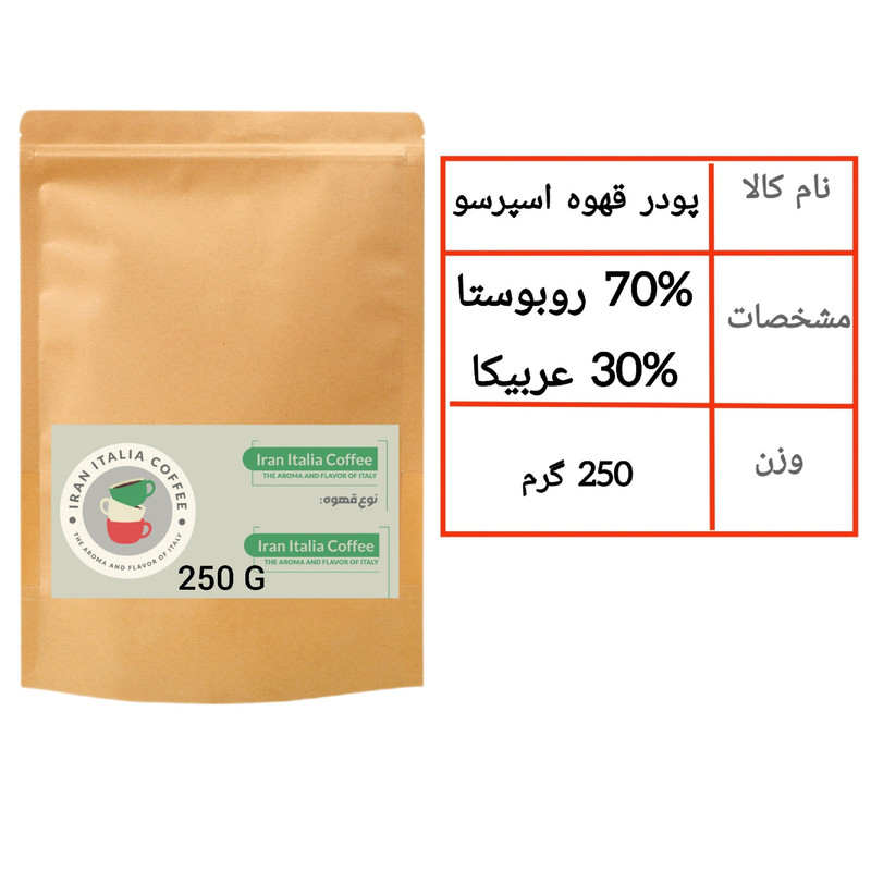 پودر قهوه 70 روبوستا 30 عربیکا ایران ایتالیا - 250 گرم — تصویر ۳