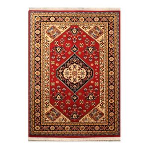فرش ماشینی 320 شانه زمینه لاکی حاشیه کرم مدل ستاره کویر یزد کلکسیون شاهسون کد SH-B005-5059