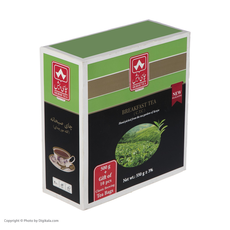 چای سیاه صبحانه (سی تی سی کلمه مورچه ای) دبش - 500 گرم به همراه 10 عدد چای کیسه ای دم کردنی کلاسیک — تصویر ۳