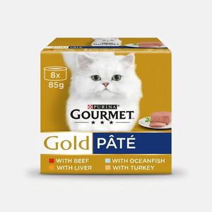 کنسرو غذای گربه بالغ گورمت مدل Gold Pate بافت پته با طعم ماهی، بوقلمون، گوشت گاو و جگر بسته 8 عددی