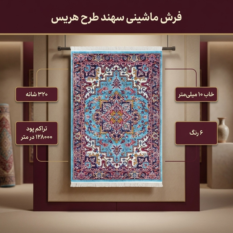 فرش ماشینی سهند طرح هریس کد P648.QJ زمینه فیروزه ای — تصویر ۲