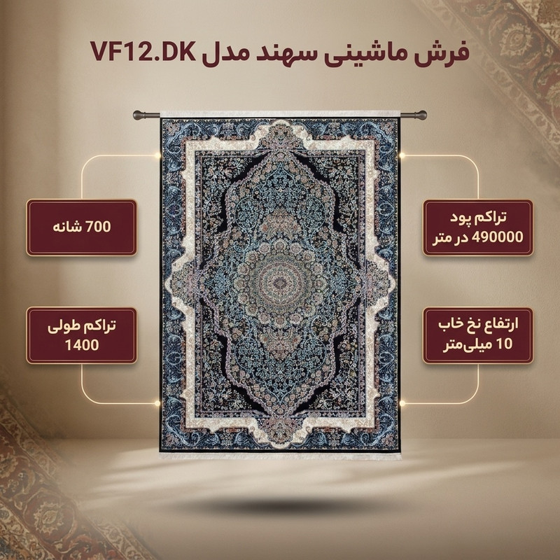 فرش ماشینی سهند کد VF12.DK زمینه سرمه ای — تصویر ۲