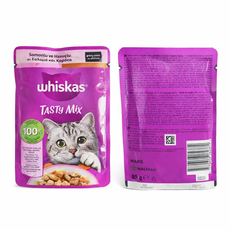 پوچ گربه بالغ ویسکاس مدل Tasty Mix طعم سالمون و هویج وزن 85 گرم — تصویر ۳