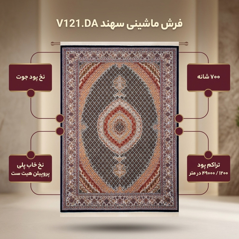 فرش ماشینی سهند کد V121.DA زمینه سرمه ای — تصویر ۲