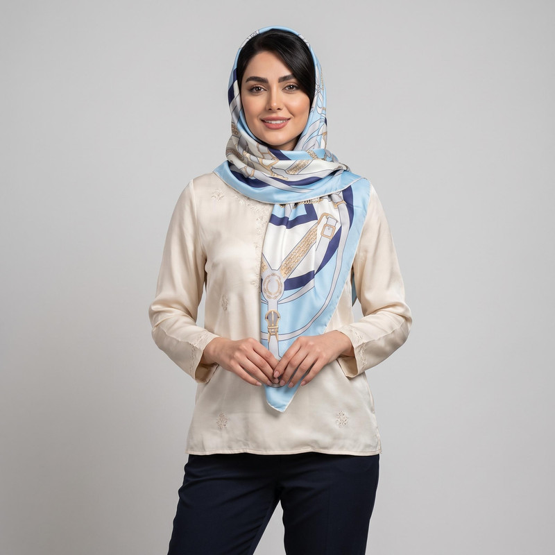 روسری زنانه آنالیا مدل ابریشم توییل طرح زنجیر و پاپیون کد ana-10220 — تصویر ۲