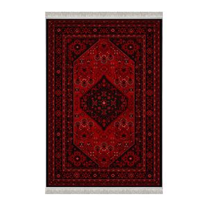 فرش ماشینی 1000 شانه هانوکس زمینه قرمز لاکی حاشیه چند رنگ مدل HAL.002.1