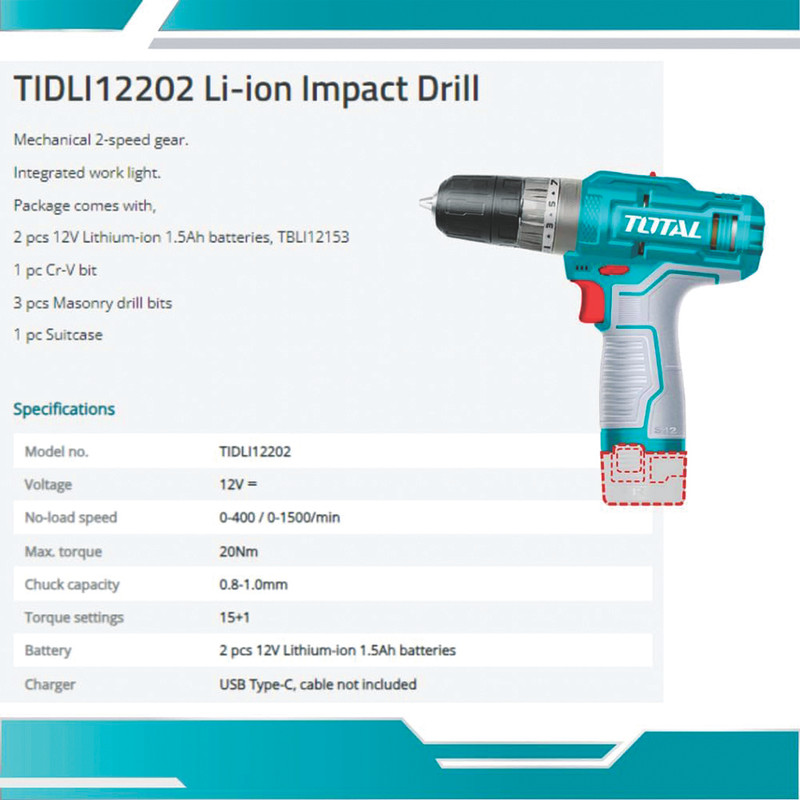 پیچ گوشتی شارژی 12 ولت توتال مدل TIDLI-12202-12V — تصویر ۵