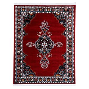 فرش ماشینی 400 شانه دنیای فرش زمینه قرمز لاکی حاشیه قرمز مدل ترنج لاکی کد 561