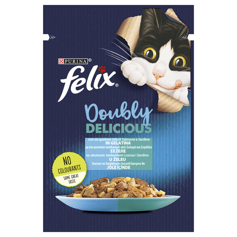 پوچ گربه فلیکس مدل The Doubly Delicious in Jelly با طعم ماهی ساردین و سالمون وزن 85 گرم — تصویر ۳