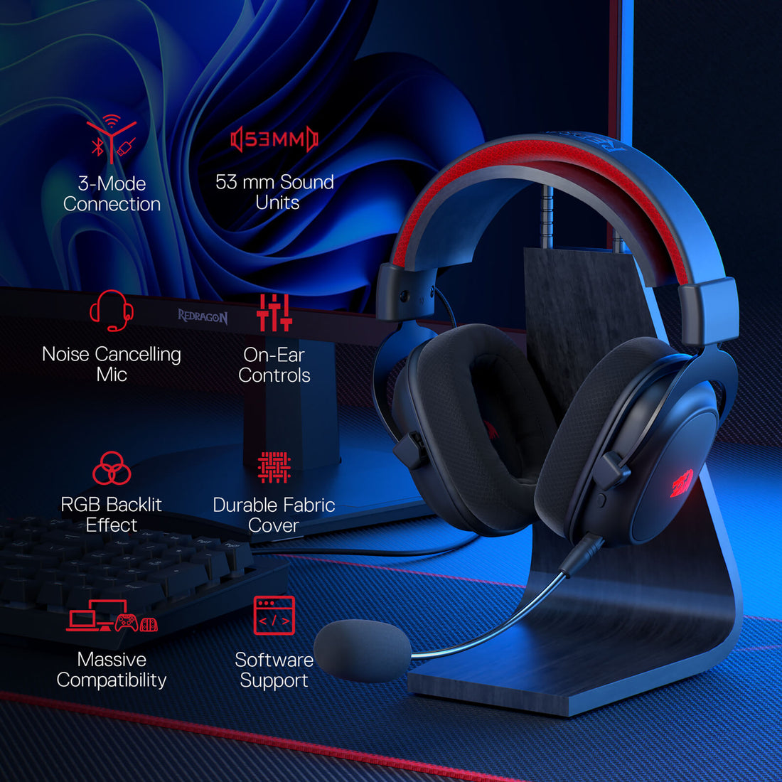هدست گیمینگ بلوتوثی ردراگون مدل ZEUS H510 PRO RGB — تصویر ۵