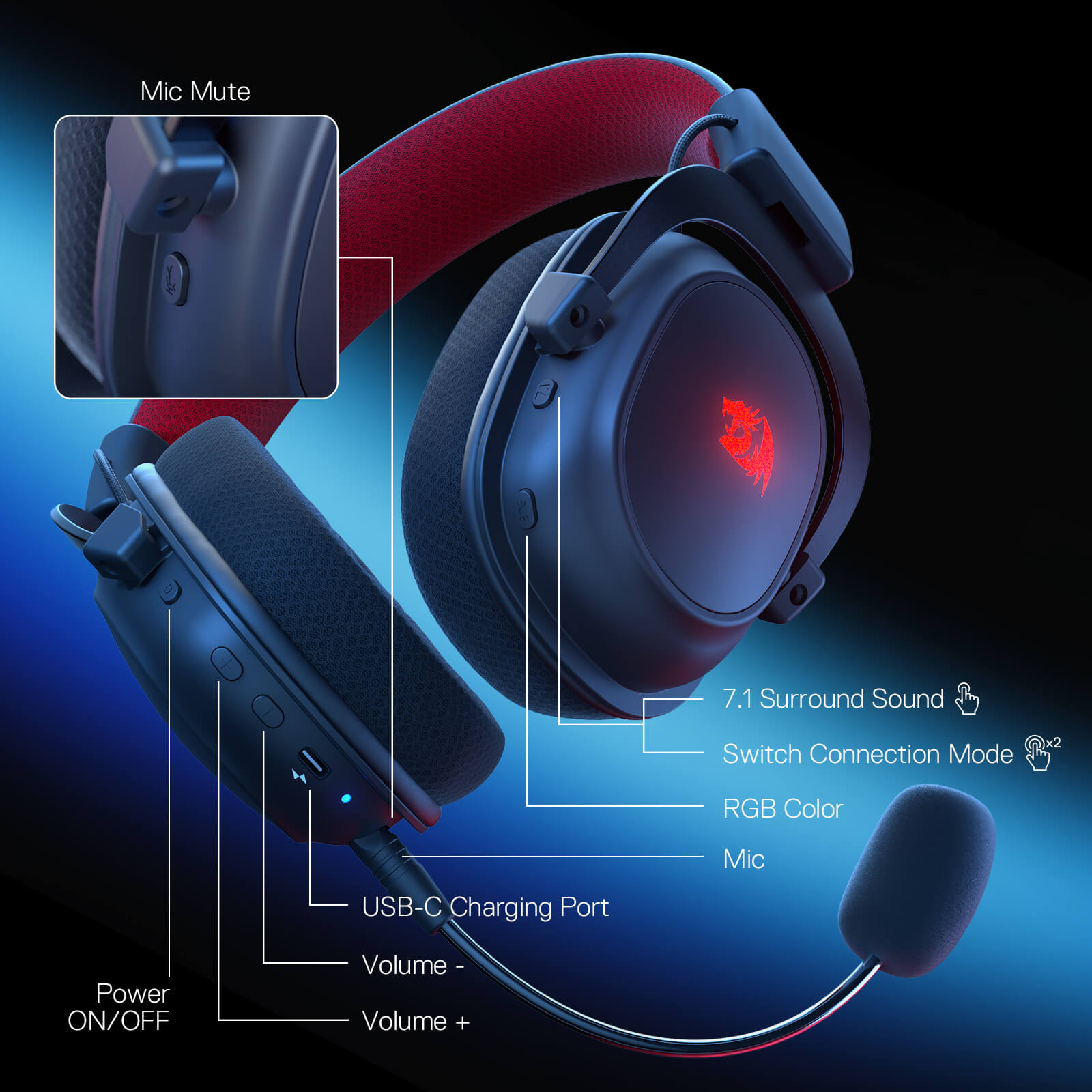 هدست گیمینگ بلوتوثی ردراگون مدل ZEUS H510 PRO RGB — تصویر ۷