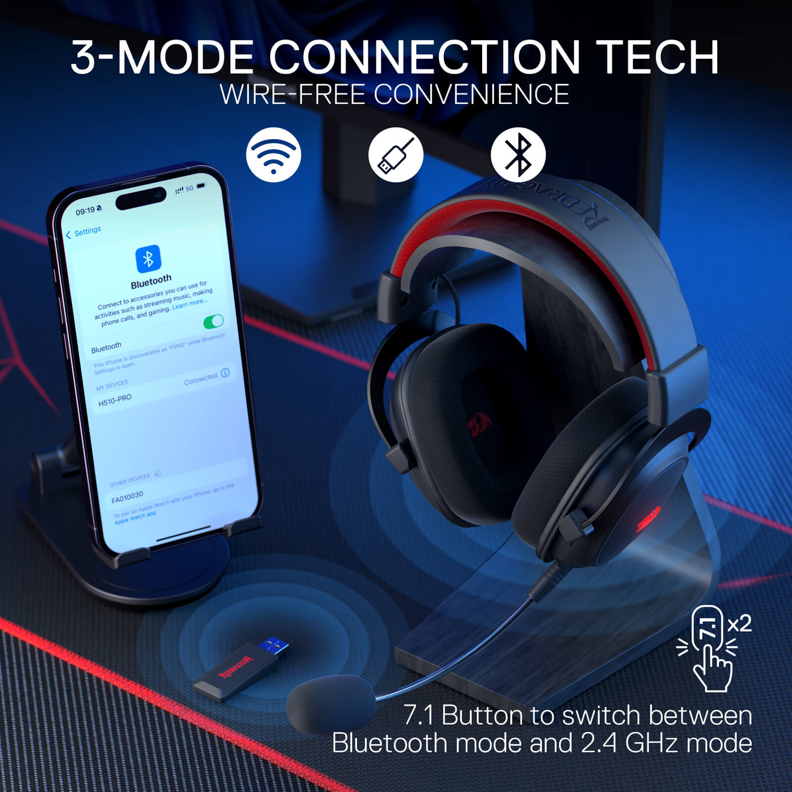 هدست گیمینگ بلوتوثی ردراگون مدل ZEUS H510 PRO RGB — تصویر ۸