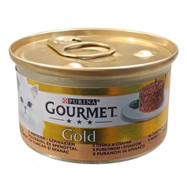 کنسرو غذای گربه بالغ گورمت مدل Gold Savoury Cake بافت کیکی با طعم بوقلمون و اسفناج وزن 85 گرم — تصویر ۲