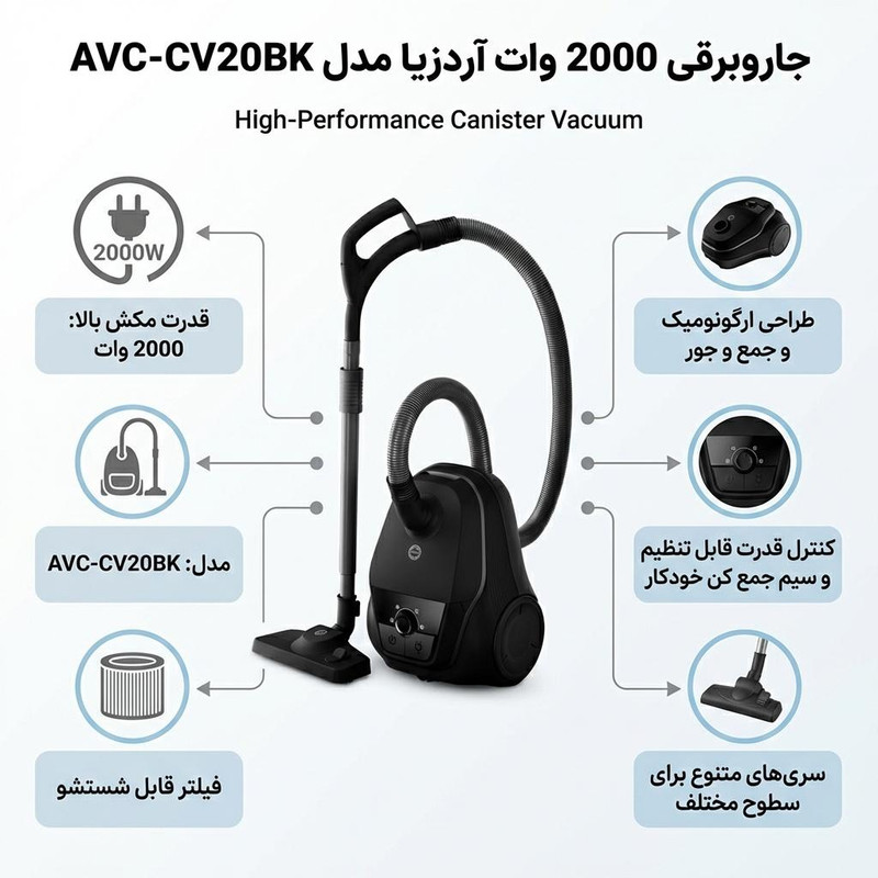 جاروبرقی 2000 وات آردزیا مدل AVC-CV20BK — تصویر ۲