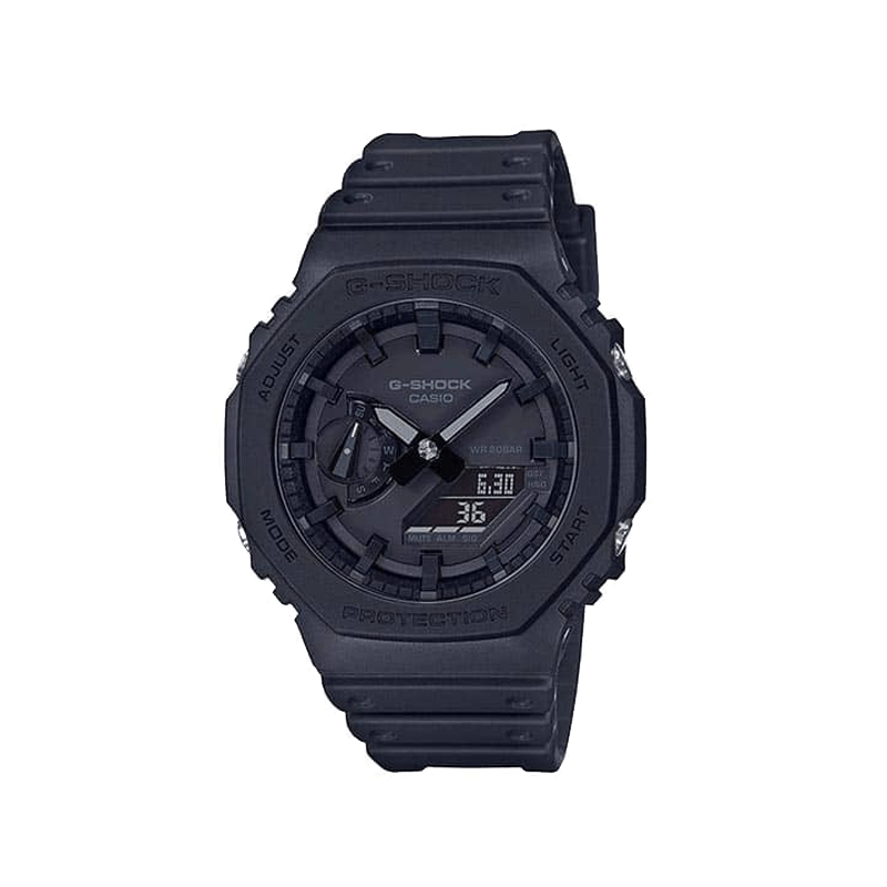 ساعت مچی مردانه جی شاک مدل GA-2100-1A1 تمام مشکی.تنظیم اتوماتیک با پایتخت کشورها ،دارای سنسور اتولایت و پاورسیوینگ — تصویر ۲