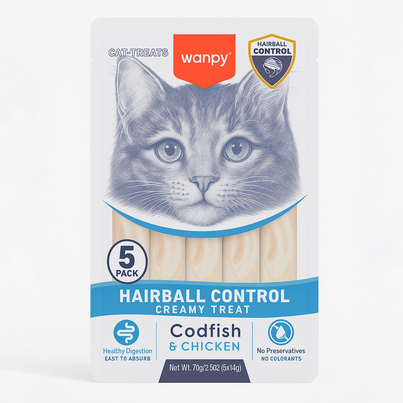 تشویقی گربه ونپی مدل Hairball Control طعم مرغ و ماهی کاد بسته 5 عددی وزن 70 گرم — تصویر ۲