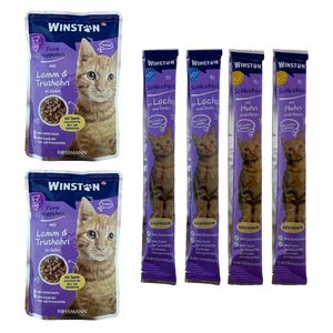 پوج گربه وینستون مدل گوشت بره و بوقلمون در ژله به همراه بستنی گربه مرغ و ماهی مجموعه 6 عددی