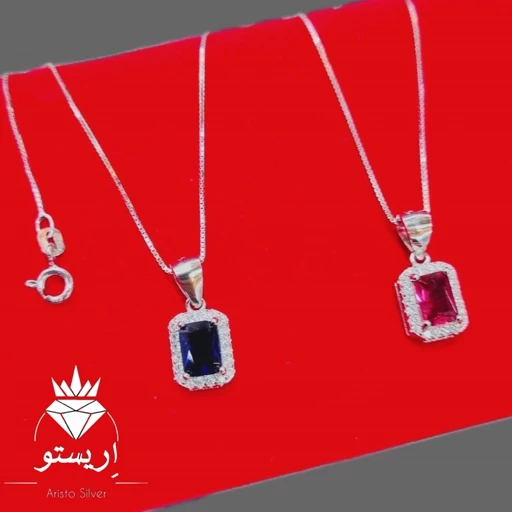 گردنبند نقره جواهری(بازنجیر) نگین آبی و قرمز ظریف و خاص ساخت ایتالیا عیار 925 و آبکاری طلاسفید به همراه زنجیر ونیزی ظریف