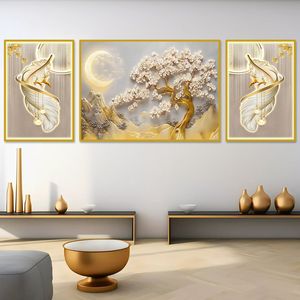 تابلو مدل دکوراتیو گل طرح درخت و ماه مجموعه سه عددی