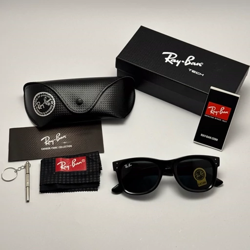 عینک آفتابی ریبن ویفرر شیشه سنگ مشکی قرمز به همراه پک کامل ریبن Rayban WAYFARER RB 0502S — تصویر ۴