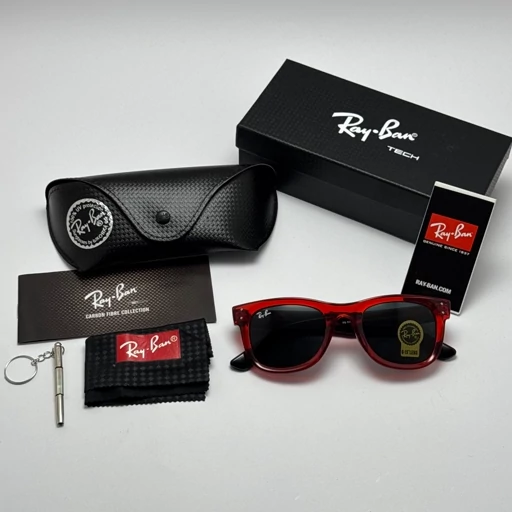 عینک آفتابی ریبن ویفرر شیشه سنگ مشکی قرمز به همراه پک کامل ریبن Rayban WAYFARER RB 0502S
