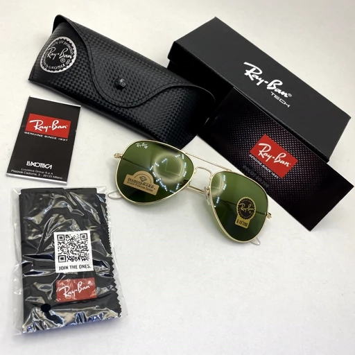 عینک آفتابی خلبانی AVIATOR ریبن rayban شیشه سنگ طلایی سبز سایز 3026 فول پک اورجینال