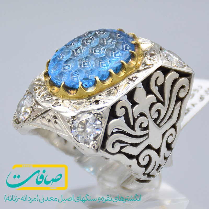 انگشتر توپاز درشت و تراش لانه زنبوری خاص با 4 عدد الماس بزرگ و 8 الماس کوچک مردانه «کد 2858»