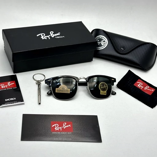 عینک آفتابی کلاب مستر ریبن rayban شیشه سنگ مشکی فریم نقره ای به همراه پک کامل RB 3016