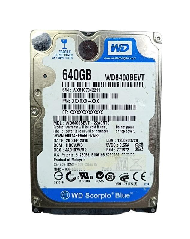 هارد لپ تاپی وسترن دیجیتال ظرفیت 640 گیگابایت مدل WD6400BPVT کارکرده