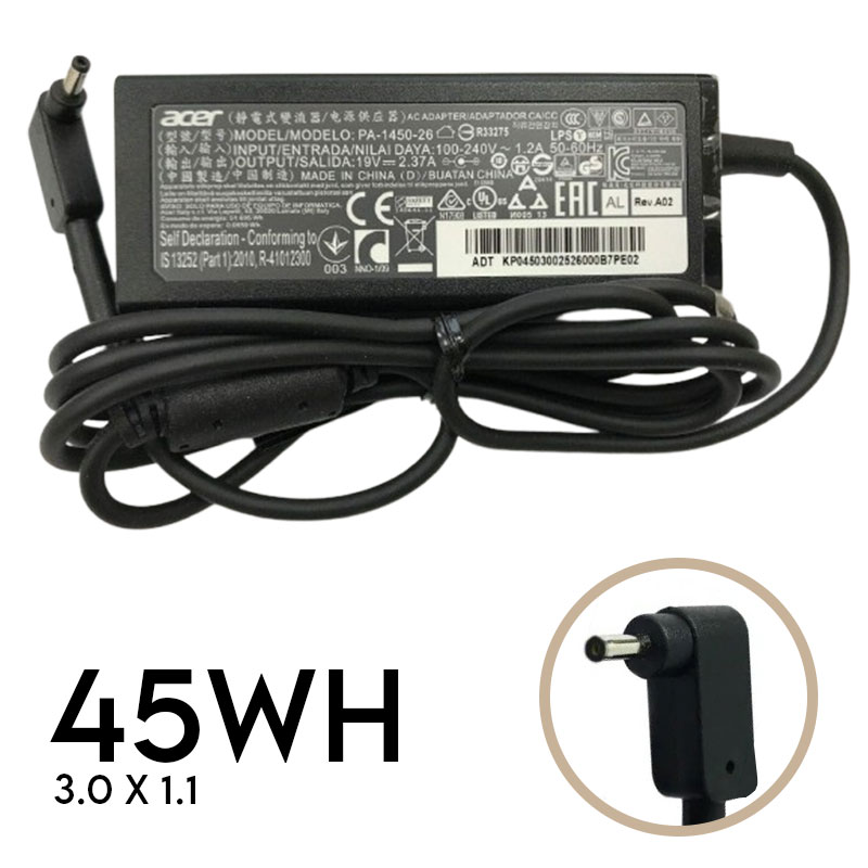 شارژر لپ تاپ ایسر 45W | برند ACER | ولتاژ 19V 2.37A | سرفیش 1.1 * 3.0 میلی متر