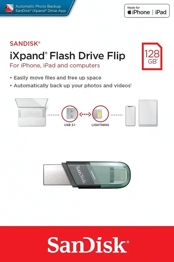 فلش 128 گیگابایت با قابلیت اتصال به آیفون SanDisk 128GB iXpand Flip — تصویر ۲