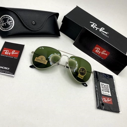 عینک آفتابی خلبانی AVIATOR ریبن rayban شیشه سنگ نقره ای سبز سایز 3026 فول پک