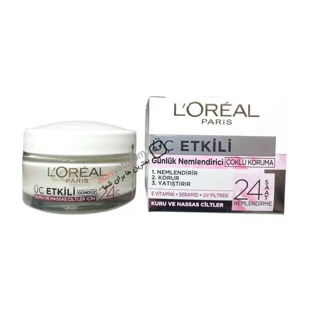 کرم مرطوب کننده صورت لورال Loreal با عملکرد 3 کاره مناسب پوست خشک و حساس حجم 50 میل
